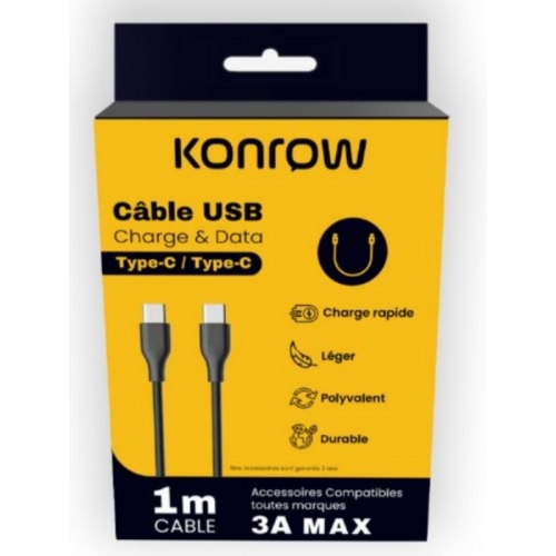 KONROW Câble USB Type C vers Type C (1m, Noir 3A)
