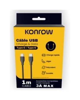 KONROW Câble USB Type C vers Type C (1m, Noir 3A)