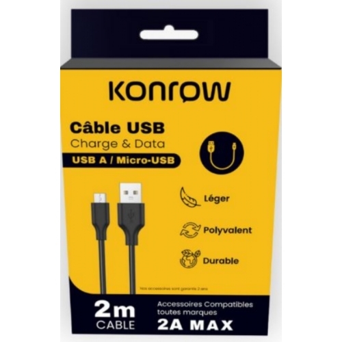 KONROW Câble Type A vers MICRO USB (2m, Noir)