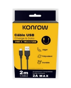 KONROW Câble Type A vers MICRO USB (2m, Noir)