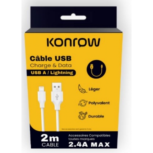 KONROW Câble USB TYPE A vers Lightning (2m, Blanc)