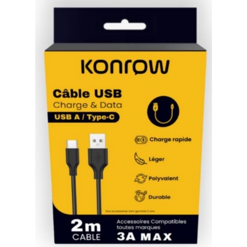 KONROW Câble USB Type A vers Type C (2m, Noir)