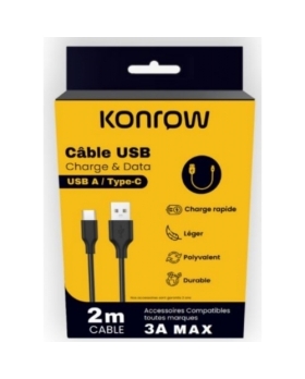 KONROW Câble USB Type A vers Type C (2m, Noir)