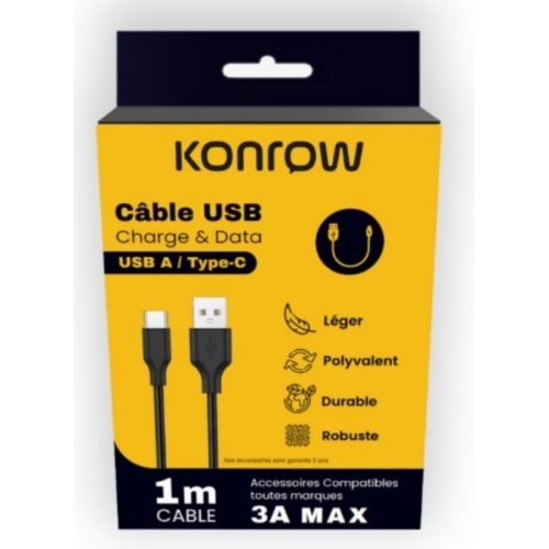 KONROW Câble USB Type A vers Type C - 1m - Nylon - Noir