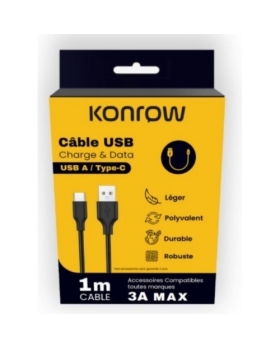 KONROW Câble USB Type A vers Type C - 1m - Nylon - Noir