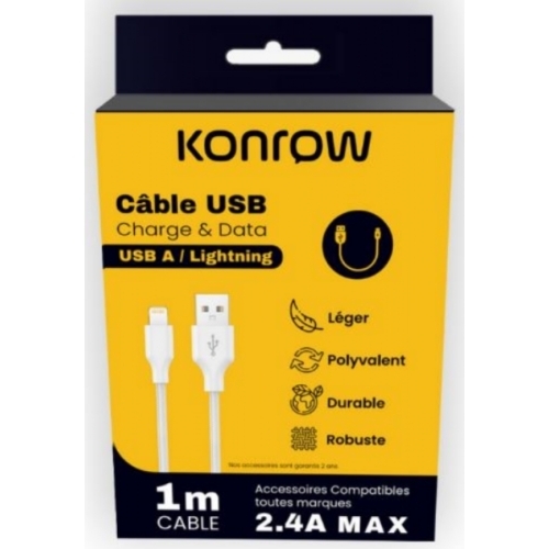KONROW Câble USB TYPE A vers Lightning (1m, Nylon, Blanc)