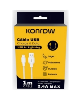KONROW Câble USB TYPE A vers Lightning (1m, Nylon, Blanc)