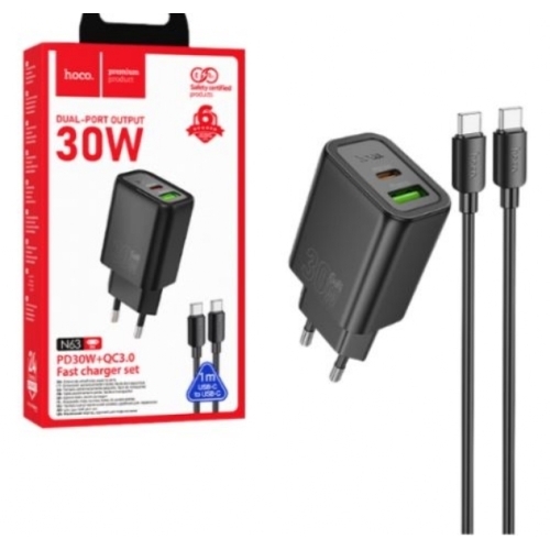 Chargeur USB-C 30W + USB-A 3.0 Complet avec câble Type C vers Type C 1M HOCO N63 
