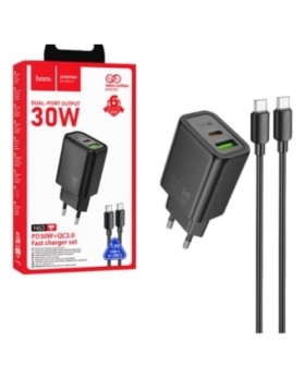 Chargeur USB-C 30W + USB-A 3.0 Complet avec câble Type C vers Type C 1M HOCO N63 