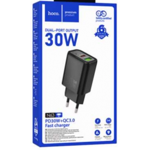 Secteur USB-C 30W + USB 3.0 18W - noir HOCO N63