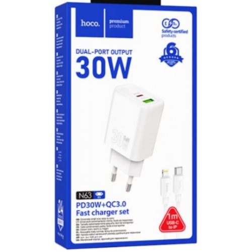 Chargeur USB-C 30W + USB-A 3.0 Complet Avec câble Type-C vers Lightning HOCO N63 BLANC