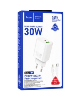 Chargeur USB-C 30W + USB-A 3.0 Complet Avec câble Type-C vers Lightning HOCO N63 BLANC