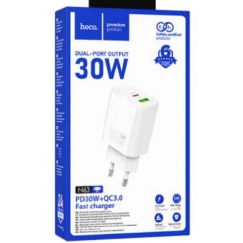 Secteur USB-C 30W + USB 3.0 18W HOCO N63 BLANC