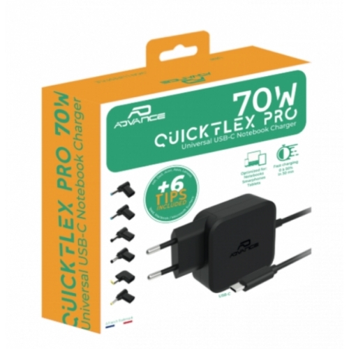 QUICKFLEX 70W   CHARGEUR UNIVERSEL USB-C + 7 EMPOUTS PC PORTABLES PD-N70U