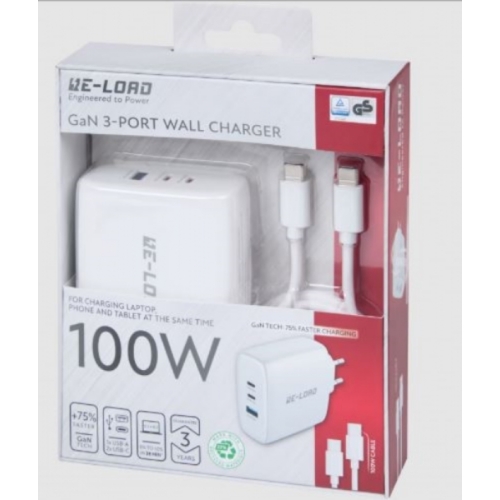 Chargeur secteur RAPIDE Re-load 100W 1 PORTS USB + 2 TYPE C + CABLE TYPE C/TYPEC 1.5M BLANC 