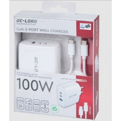 Chargeur secteur RAPIDE Re-load 100W 1 PORTS USB + 2 TYPE C + CABLE TYPE C/TYPEC 1.5M BLANC 