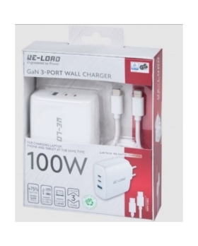 Chargeur secteur RAPIDE Re-load 100W 1 PORTS USB + 2 TYPE C + CABLE TYPE C/TYPEC 1.5M BLANC 