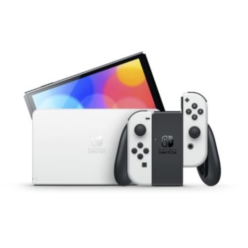 NINTENDO SWITCH OLED BLANCHE COMPLETE AVEC MANETTE JAUNE ET ROSE PALE
