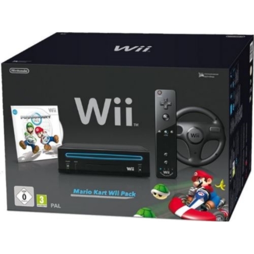 WII NOIR COMPLETE AVEC NOTICE PACK MARIO KART INCLUS:VOLANT+MARIO KART