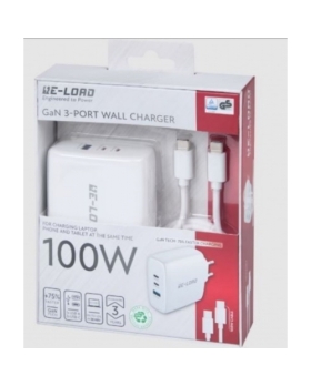 Chargeur secteur RAPIDE Re-load 100W 1 PORTS USB + 2 TYPE C + CABLE TYPE C/TYPEC 1.5M BLANC 