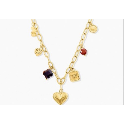 Collier Bohemia Acier Jaune Oeil De Tigre Marron Pierre De Synthese 45cm