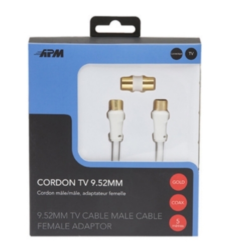CORDON TV MÂLE/MÂLE 9,52MM BLANC 5M + ADAPTATEUR FEMELLE