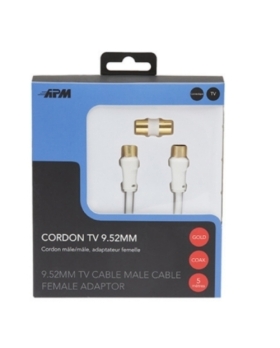 CORDON TV MÂLE/MÂLE 9,52MM BLANC 5M + ADAPTATEUR FEMELLE