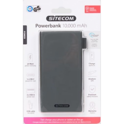BATTERIE EXTERNE POWERBANK SITECOM NOIR 10.000mAh 20watt TYPE-C/USB
