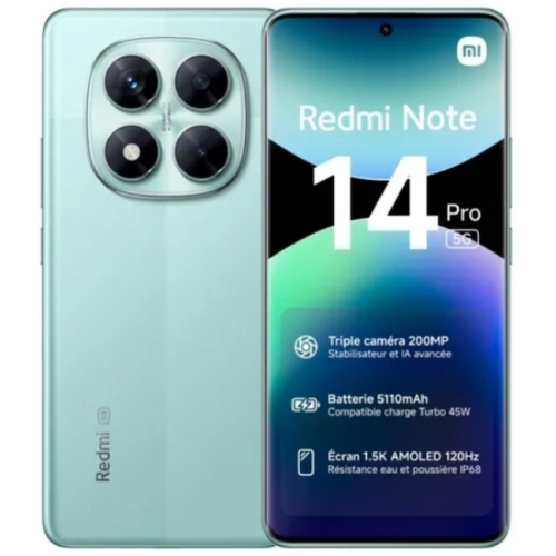 REDMI NOTE 14 PRO VERT 5G 256GO RAM:8GO 200MPX ECRAN:AMOLED 6.67' (120Hz) PLAYSTORE