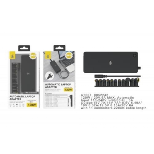 Chargeur Universel Automatique pour PC Portable- 11 Embouts- 120W- 7A Max- Câble 1.2M- AT007- Noir N
