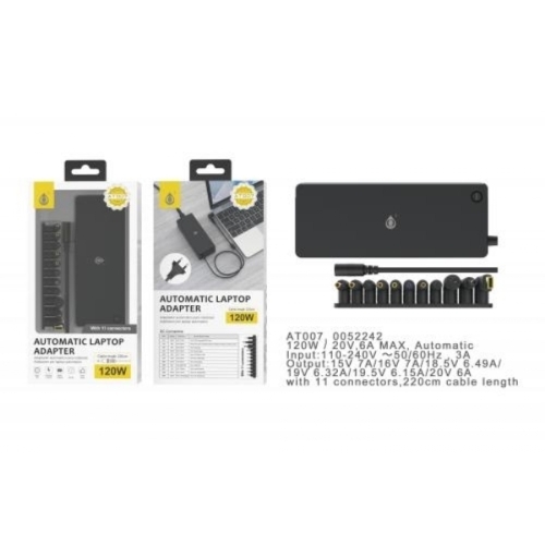 Chargeur Universel Automatique pour PC Portable- 11 Embouts- 120W- 7A Max- Câble 1.2M- AT007- Noir N