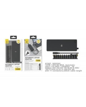 Chargeur Universel Automatique pour PC Portable- 11 Embouts- 120W- 7A Max- Câble 1.2M- AT007- Noir N