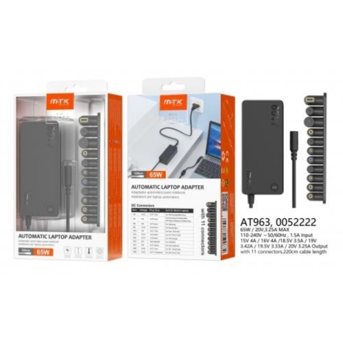 Chargeur Universel Automatique pour PC Portable- 11 embouts- 65WCâble 220cm- AT963 NEUF