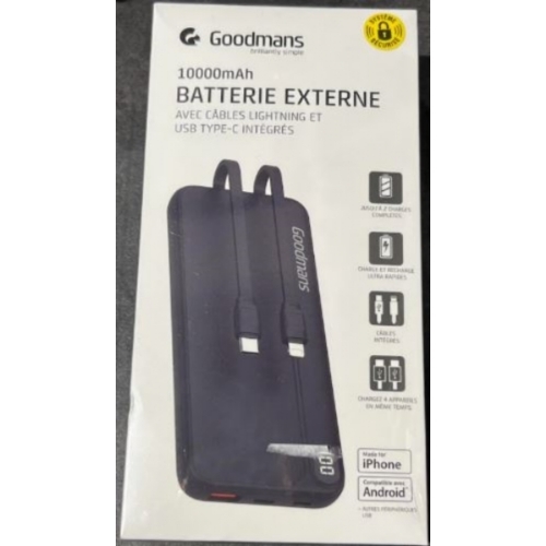 POWERBANK GOODMANS 10000MAH CHARGE RAPIDE IPHONE/ANDROID AVEC CABLES LIGHTNING/TYPE C INTEGRES 