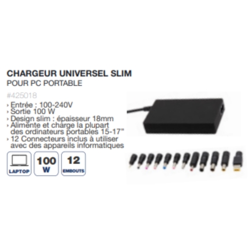 CHARGEUR UNIVERSEL PC 100W ULTRA SLIM + 12 EMBOUTS