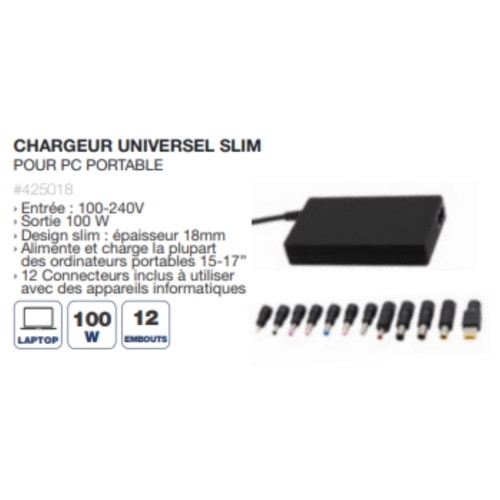 CHARGEUR UNIVERSEL PC 100W ULTRA SLIM + 12 EMBOUTS